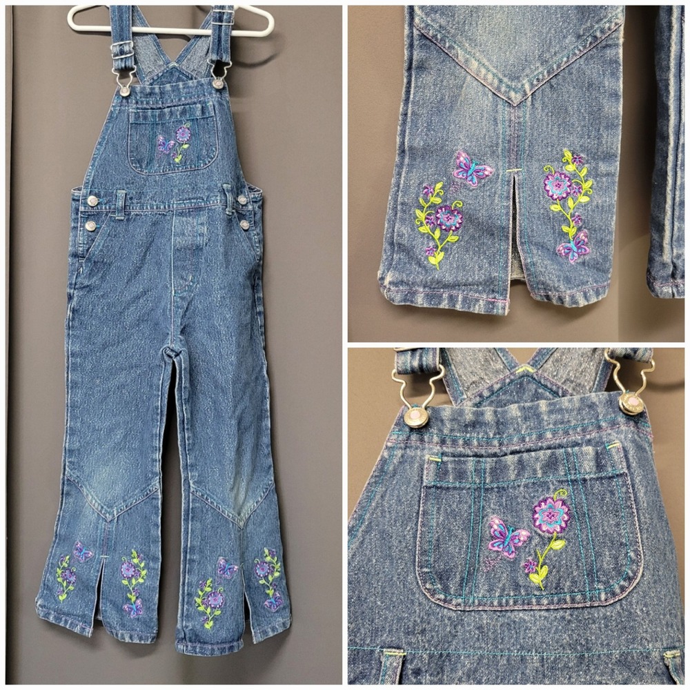 Vintage 90s y2k Girls Denim Overalls Blue Butterfly Floral Embroidered Sparkle 5